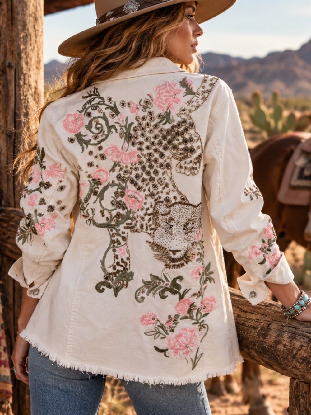 Chico’s Embroidered Leopard Denim Jacket Sz Large Beaded Floral Longline